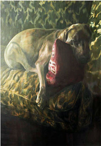 Joan Stolz, Papillon Sleeping, oil on linen, 40 x 30", 2012